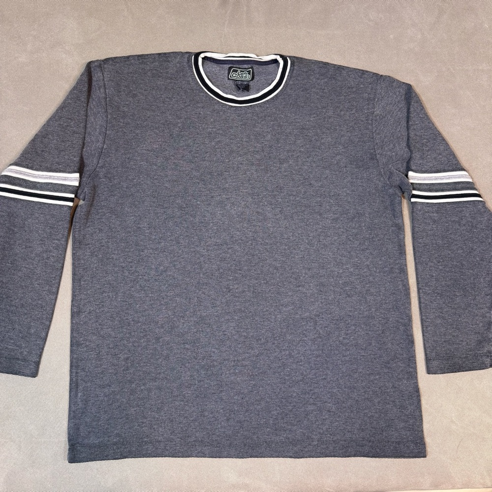 Vintage Left Coast Gray Striped Sleeves Sweater 90s Y2K Streetwear Mens XL